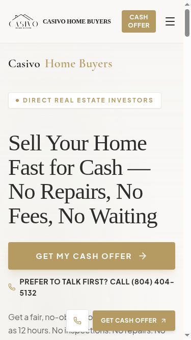 Casivo Home Buyers website at phone width