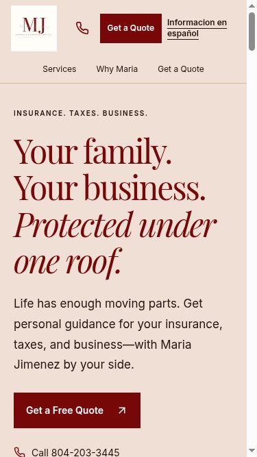 MJ Insurance & Financial Services website at phone width